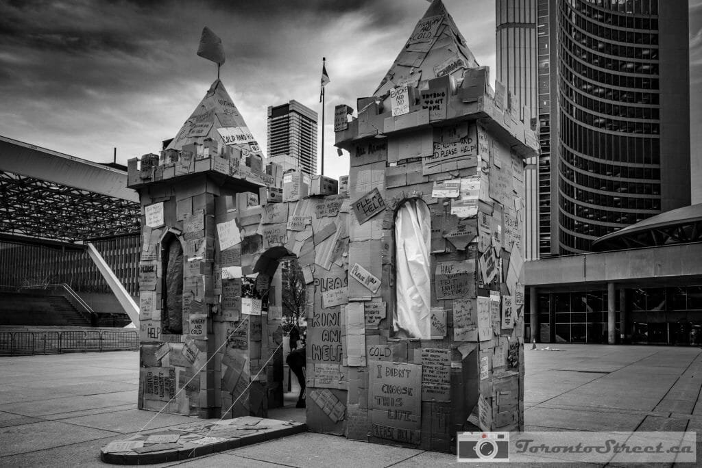B&amp;W cardboard castle Nathan Phillips Square Toronto City Hall Leica Q2