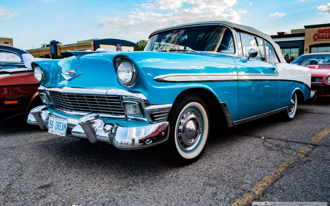 1956 Chevrolet Bel Air convertible in turquoise and white, 56 DREAM plate, whitewalls, at a Richmond Hill car meet, Leica Q3