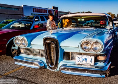 Light blue 1958 Edsel Pacer parked front three-quarter at a Richmond Hill cruise night, Leica Q3