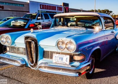 Front three-quarter of the1958 Edsel Pacer, vertical chrome grille catching the sun, Richmond Hill, Leica Q3