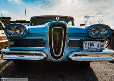 Head-on horsecollar grille of a 1958 Edsel Pacer with dual headlights and the BIMM 4 plate, Leica Q3