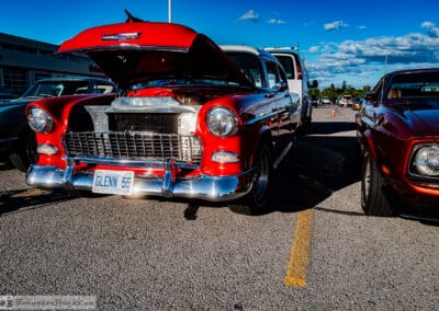 1955 Chevrolet Bel Air in a blazing sunburst at a Richmond Hill car meet, GLENN 55 plate, Leica Q3