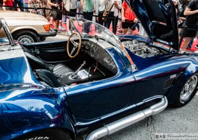 Vintage style gauges and a leather tunnel beside the open engine bay, Bloor Street, Leica Q3