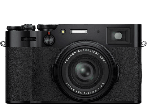 FujiFilm X100V, black compact camera with a fixed 23mm f2 lens, hybrid viewfinder and retro mechanical dials