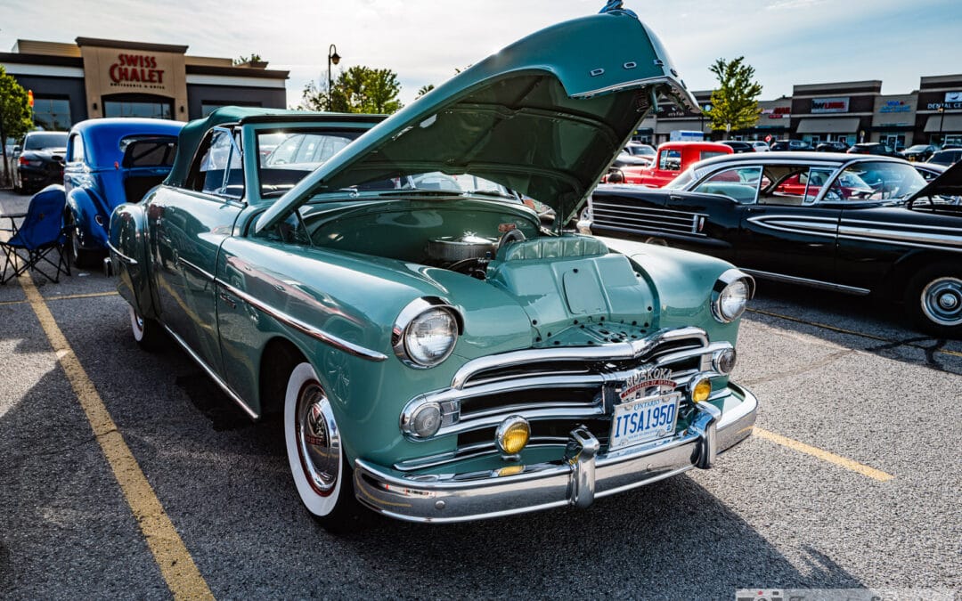 1950 Dodge Coronet convertible in jade green, hood up at a Richmond Hill cruise night, Leica Q3