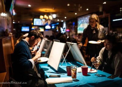 People painting at easels on turquoise cloths in a bar, a server carrying a plate, Leica Q2