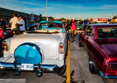Rear of a 1956 Bel Air at golden hour, continental spare and both taillights, Richmond Hill, Leica Q3