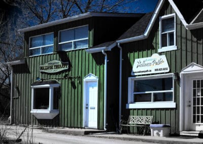 Green board and batten shopfront with a Clarington wellness sign, bare trees and deep blue sky, Fuji X-E2